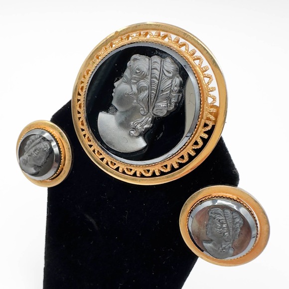 Vintage Hematite Cameo Intaglio Brooch And Clip On Earrings Set W German Style - Picture 4 of 13